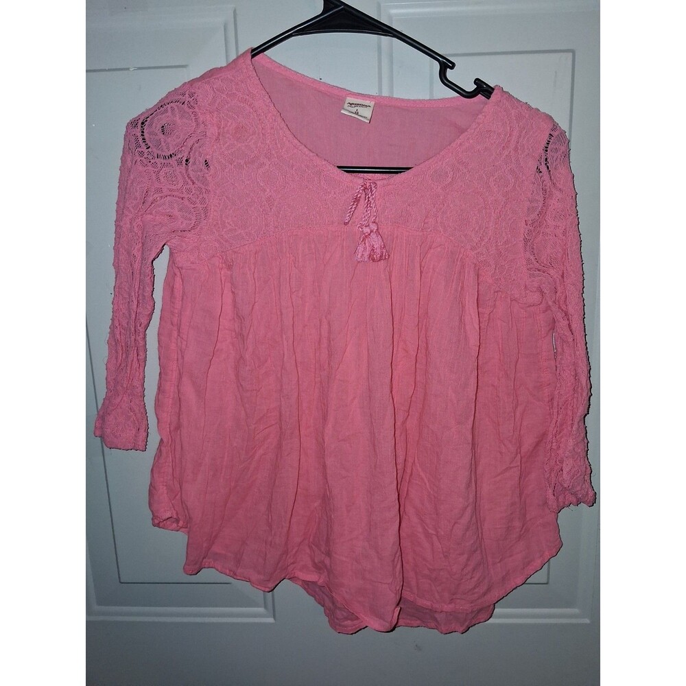 Arizona Jeans Girls Pink Lace Sleeve Top Size L 14 Cotton